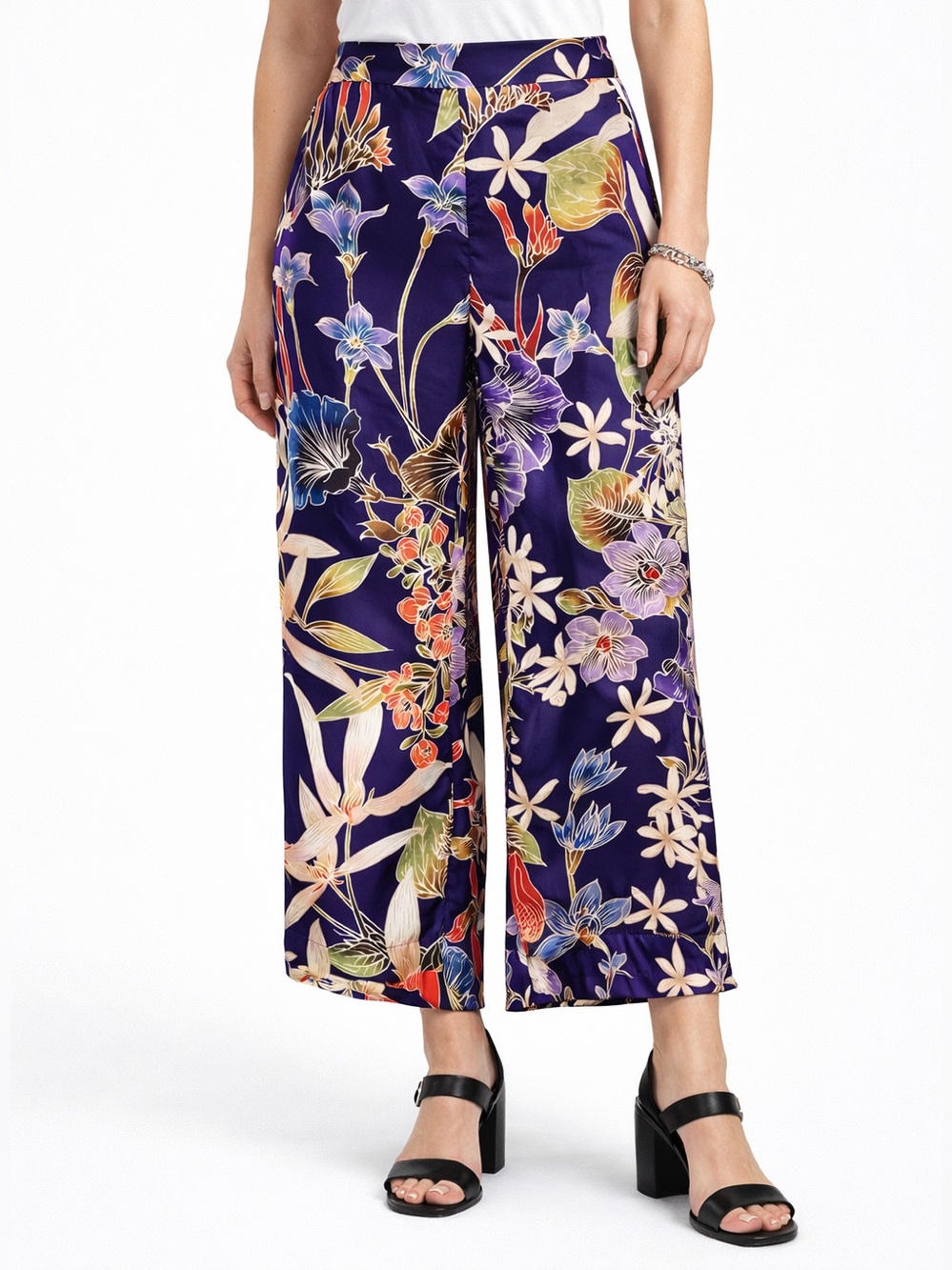 Sana Safinaz 100% Silk Floral Wide Leg Crop Pants Culotte Resort Wear Medium
